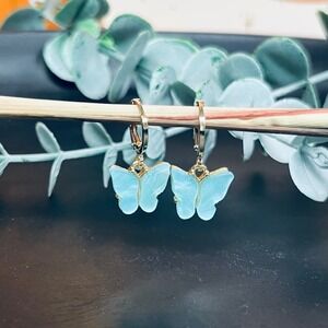 Dainty Butterfly Earrings | Blue Acrylic Yellow Gold Plate Huggie Hoops | Whimsy